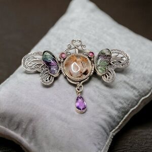 Large Sterling Silver 925 Brooch Fluorite Butterfly  Rutilated Quartz Pendant